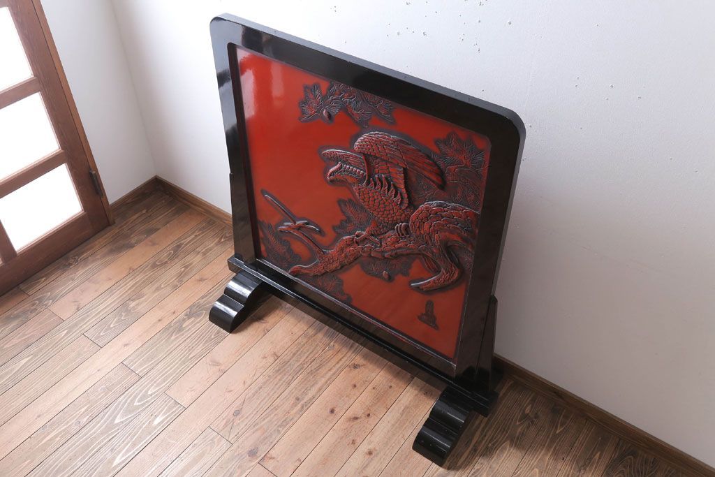 アンティーク　村上堆朱　芳月銘　松に鷹(鷲)の図　衝立(パーテーション)