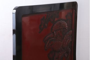 アンティーク　村上堆朱　芳月銘　松に鷹(鷲)の図　衝立(パーテーション)