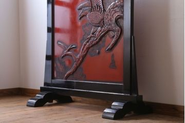 アンティーク　村上堆朱　芳月銘　松に鷹(鷲)の図　衝立(パーテーション)