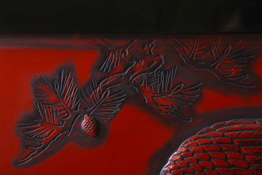 アンティーク　村上堆朱　芳月銘　松に鷹(鷲)の図　衝立(パーテーション)