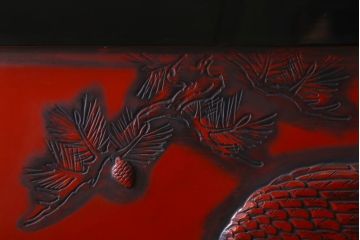 アンティーク　村上堆朱　芳月銘　松に鷹(鷲)の図　衝立(パーテーション)