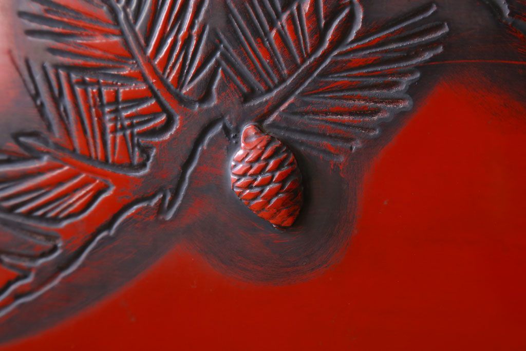 アンティーク　村上堆朱　芳月銘　松に鷹(鷲)の図　衝立(パーテーション)