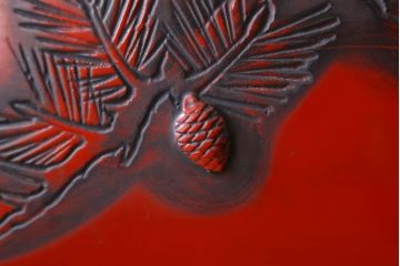 アンティーク　村上堆朱　芳月銘　松に鷹(鷲)の図　衝立(パーテーション)