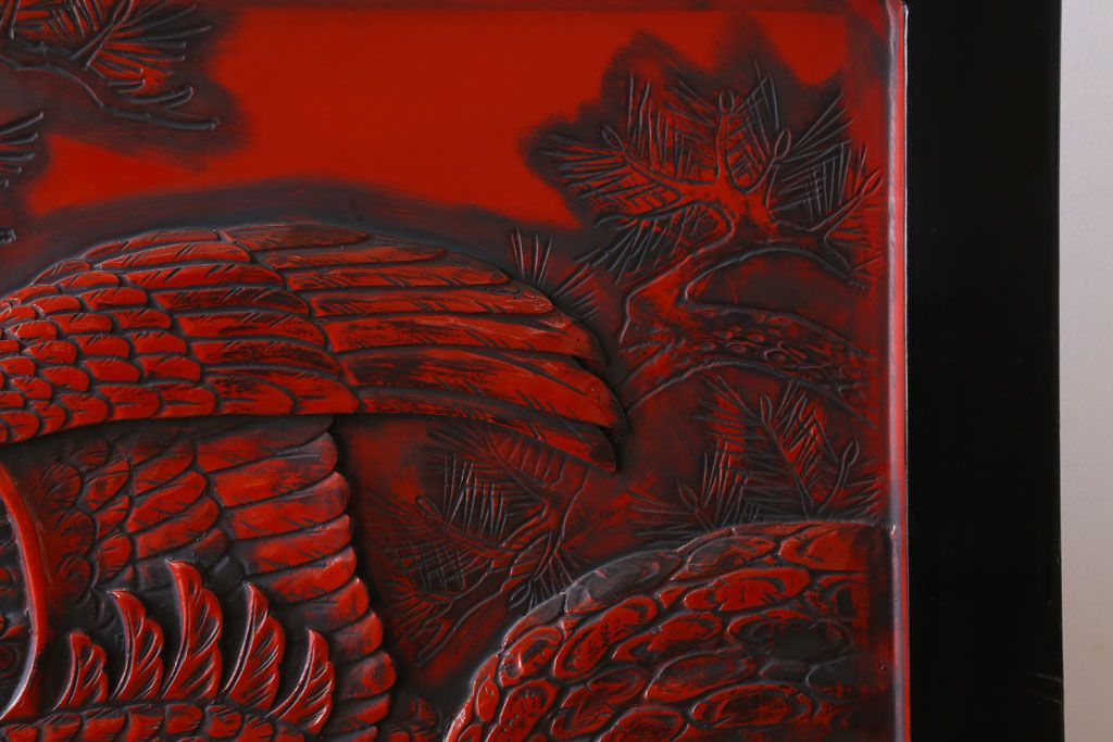 アンティーク　村上堆朱　芳月銘　松に鷹(鷲)の図　衝立(パーテーション)