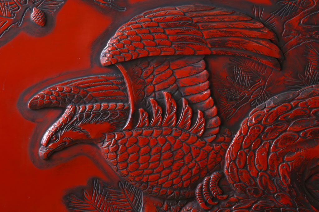 アンティーク　村上堆朱　芳月銘　松に鷹(鷲)の図　衝立(パーテーション)