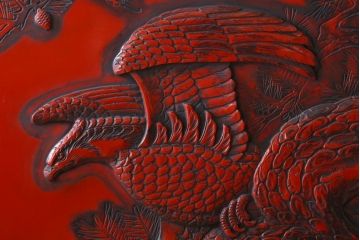 アンティーク　村上堆朱　芳月銘　松に鷹(鷲)の図　衝立(パーテーション)