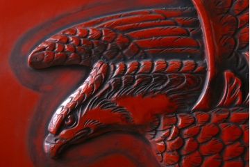 アンティーク　村上堆朱　芳月銘　松に鷹(鷲)の図　衝立(パーテーション)