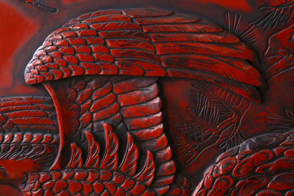 アンティーク　村上堆朱　芳月銘　松に鷹(鷲)の図　衝立(パーテーション)