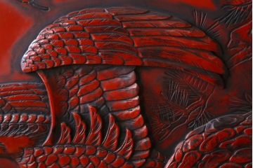 アンティーク　村上堆朱　芳月銘　松に鷹(鷲)の図　衝立(パーテーション)