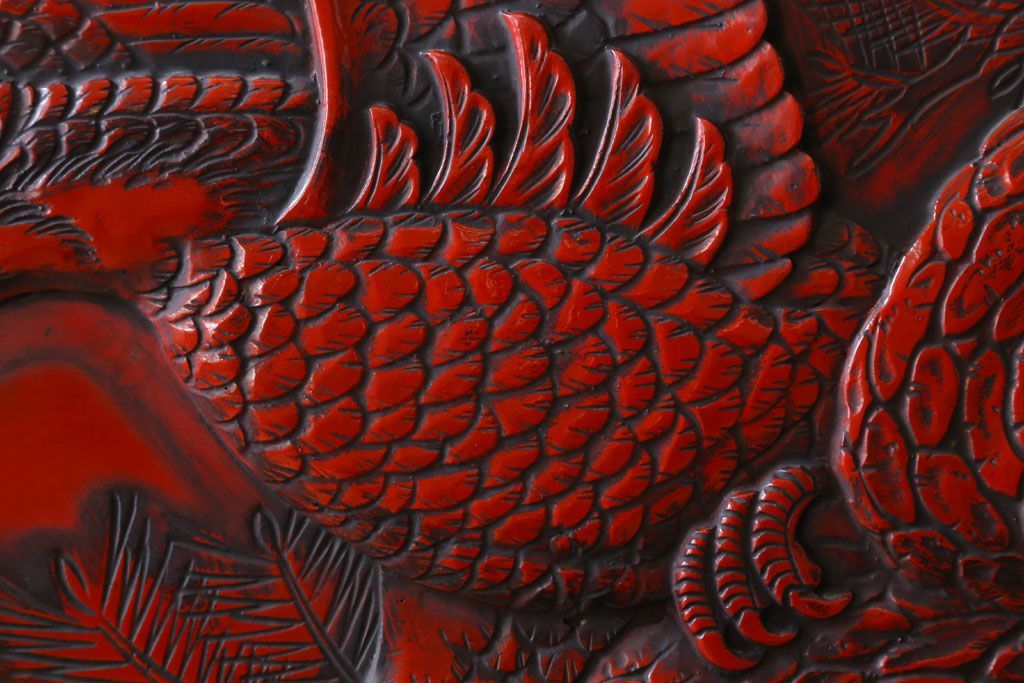 アンティーク　村上堆朱　芳月銘　松に鷹(鷲)の図　衝立(パーテーション)