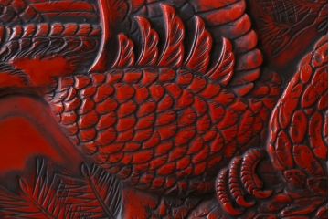 アンティーク　村上堆朱　芳月銘　松に鷹(鷲)の図　衝立(パーテーション)