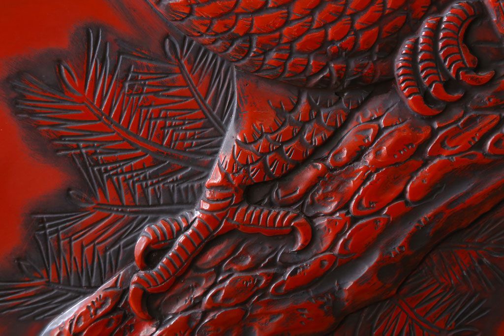 アンティーク　村上堆朱　芳月銘　松に鷹(鷲)の図　衝立(パーテーション)