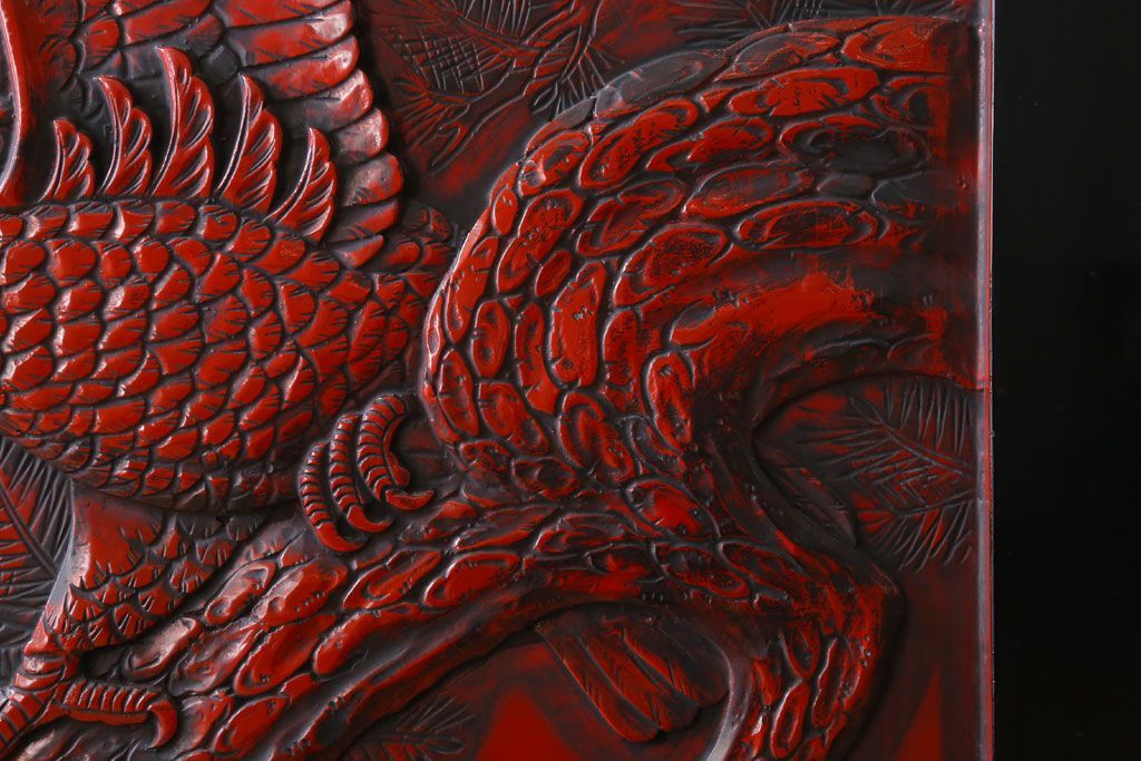 アンティーク　村上堆朱　芳月銘　松に鷹(鷲)の図　衝立(パーテーション)