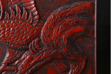 アンティーク　村上堆朱　芳月銘　松に鷹(鷲)の図　衝立(パーテーション)