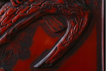 アンティーク　村上堆朱　芳月銘　松に鷹(鷲)の図　衝立(パーテーション)