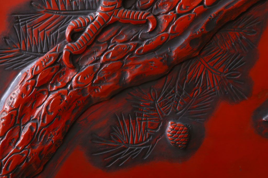 アンティーク　村上堆朱　芳月銘　松に鷹(鷲)の図　衝立(パーテーション)