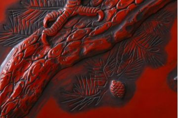 アンティーク　村上堆朱　芳月銘　松に鷹(鷲)の図　衝立(パーテーション)