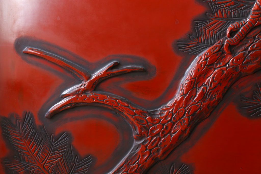 アンティーク　村上堆朱　芳月銘　松に鷹(鷲)の図　衝立(パーテーション)