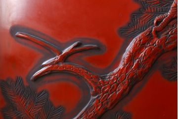 アンティーク　村上堆朱　芳月銘　松に鷹(鷲)の図　衝立(パーテーション)