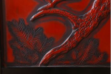 アンティーク　村上堆朱　芳月銘　松に鷹(鷲)の図　衝立(パーテーション)