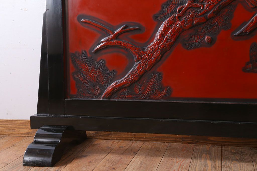 アンティーク　村上堆朱　芳月銘　松に鷹(鷲)の図　衝立(パーテーション)