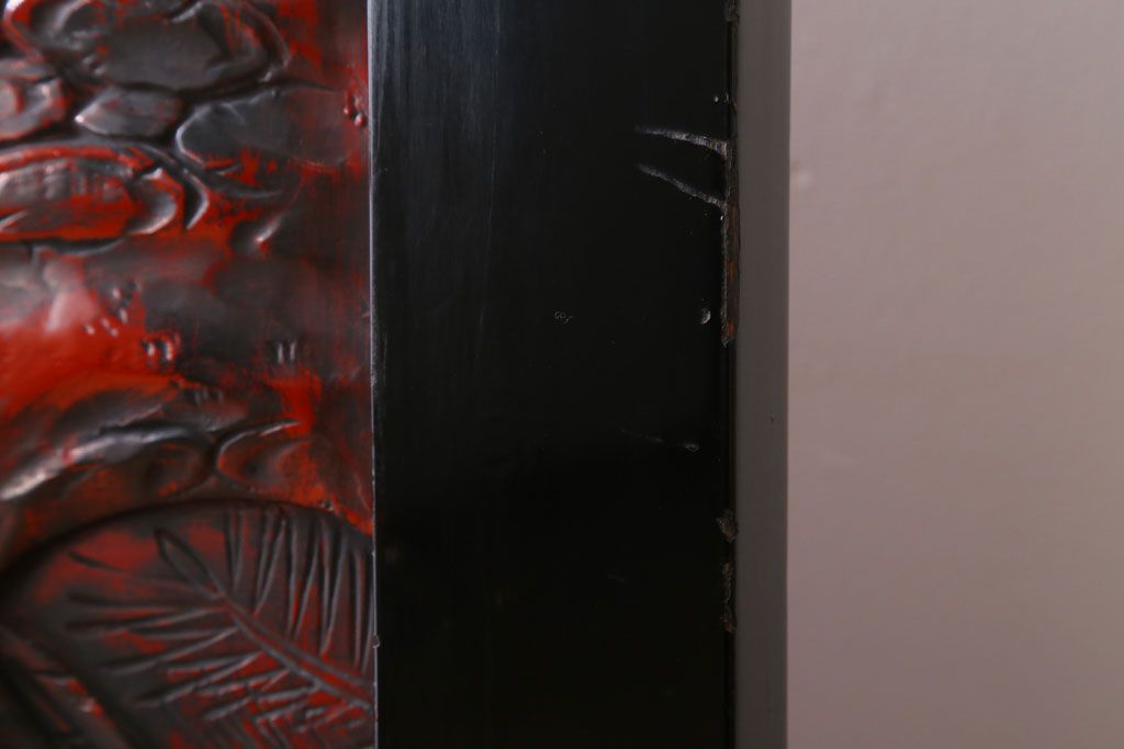 アンティーク　村上堆朱　芳月銘　松に鷹(鷲)の図　衝立(パーテーション)