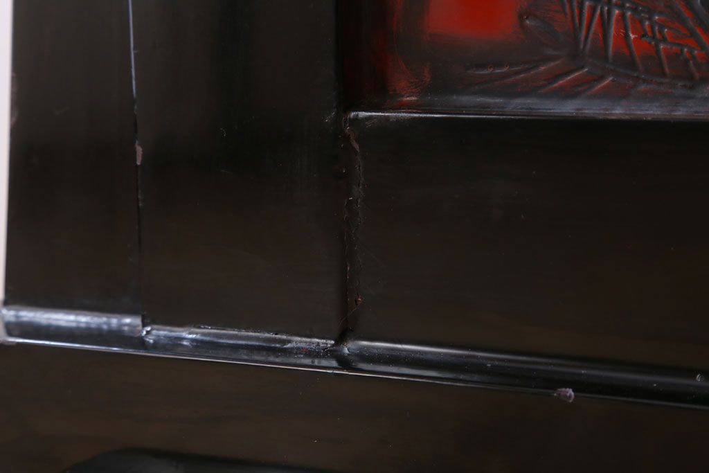 アンティーク　村上堆朱　芳月銘　松に鷹(鷲)の図　衝立(パーテーション)