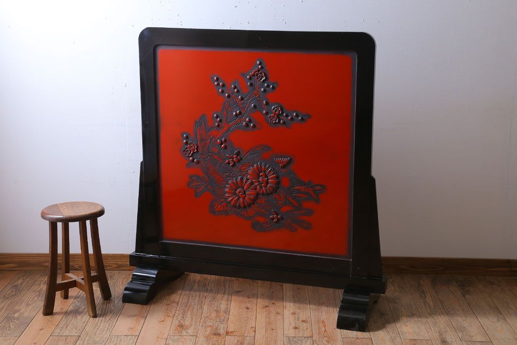 アンティーク　村上堆朱　芳月銘　松に鷹(鷲)の図　衝立(パーテーション)