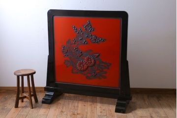 アンティーク　村上堆朱　芳月銘　松に鷹(鷲)の図　衝立(パーテーション)