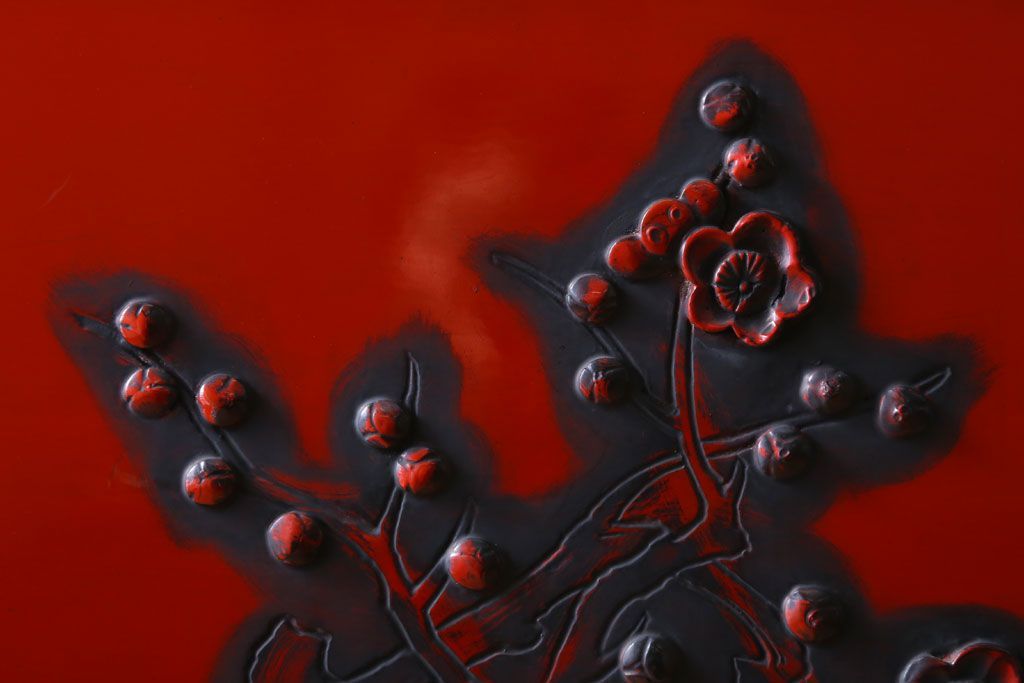 アンティーク　村上堆朱　芳月銘　松に鷹(鷲)の図　衝立(パーテーション)