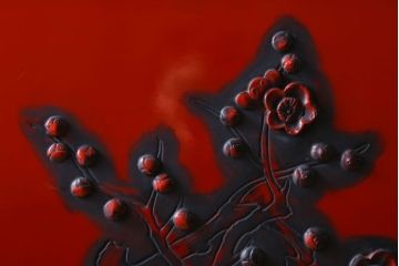 アンティーク　村上堆朱　芳月銘　松に鷹(鷲)の図　衝立(パーテーション)