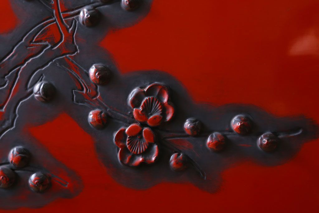 アンティーク　村上堆朱　芳月銘　松に鷹(鷲)の図　衝立(パーテーション)