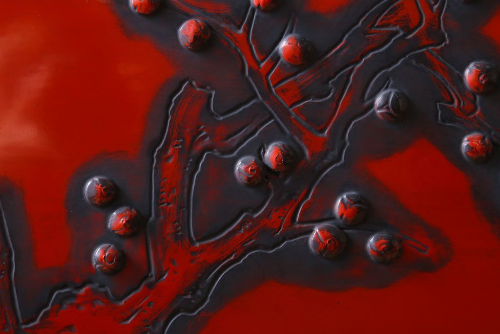 アンティーク　村上堆朱　芳月銘　松に鷹(鷲)の図　衝立(パーテーション)