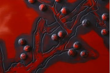 アンティーク　村上堆朱　芳月銘　松に鷹(鷲)の図　衝立(パーテーション)