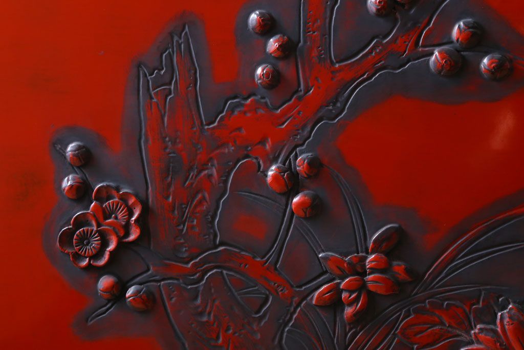 アンティーク　村上堆朱　芳月銘　松に鷹(鷲)の図　衝立(パーテーション)