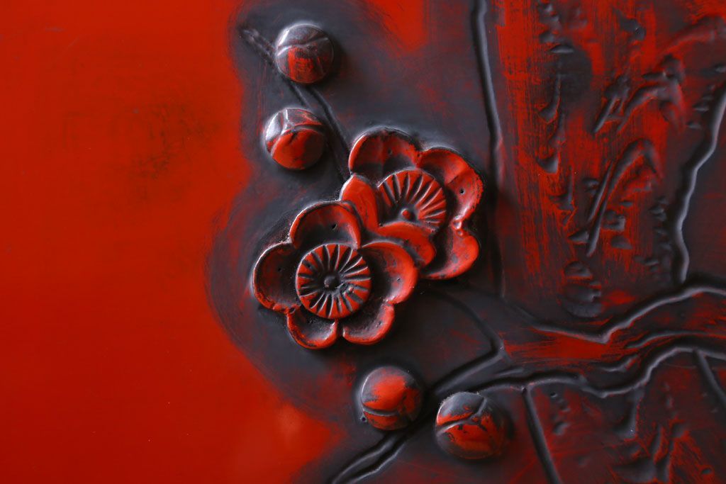 アンティーク　村上堆朱　芳月銘　松に鷹(鷲)の図　衝立(パーテーション)