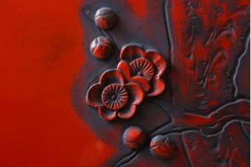 アンティーク　村上堆朱　芳月銘　松に鷹(鷲)の図　衝立(パーテーション)