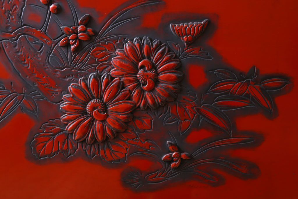 アンティーク　村上堆朱　芳月銘　松に鷹(鷲)の図　衝立(パーテーション)