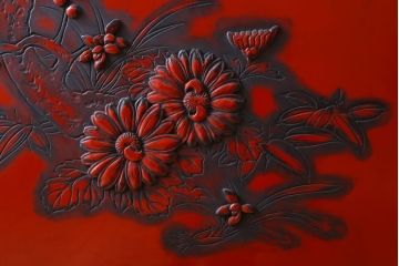 アンティーク　村上堆朱　芳月銘　松に鷹(鷲)の図　衝立(パーテーション)