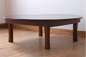 アンティーク家具　和モダンスタイル　天板ブラック塗装!古い木製の丸ちゃぶ台(2)