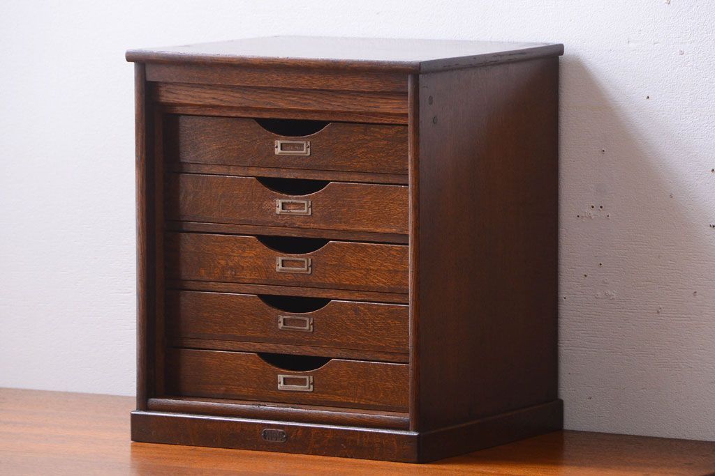 レトロ家具　昭和レトロ　銀座　伊東屋　古いナラ材のネームプレート付き小引き出し