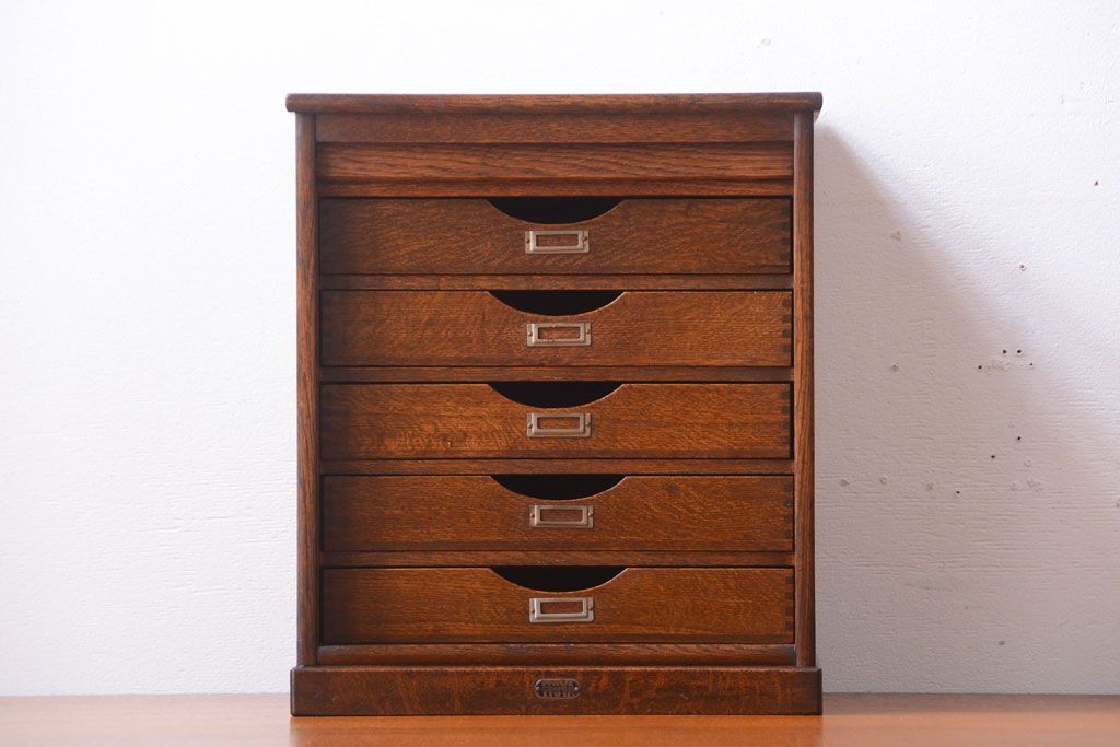 レトロ家具　昭和レトロ　銀座　伊東屋　古いナラ材のネームプレート付き小引き出し