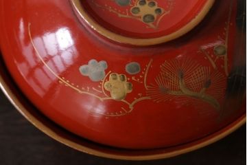 和製アンティーク　松竹梅　朱塗り木製椀5客セット(3)