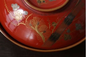 和製アンティーク　松竹梅　朱塗り木製椀5客セット(3)