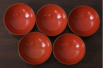 和製アンティーク　松竹梅　朱塗り木製椀5客セット(3)
