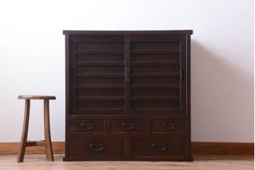 アンティーク家具　古民具・骨董　大正期　横桟引き戸のアンティーク茶箪笥