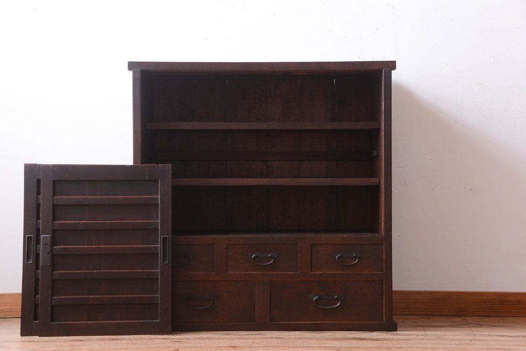 アンティーク家具　古民具・骨董　大正期　横桟引き戸のアンティーク茶箪笥