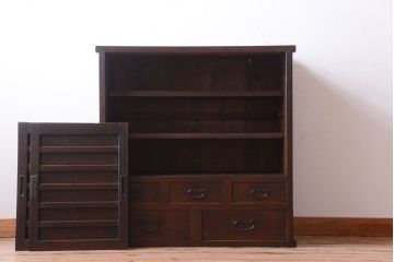 アンティーク家具　古民具・骨董　大正期　横桟引き戸のアンティーク茶箪笥