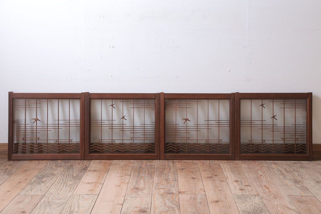 和製アンティーク　古い木の組子ガラス戸4枚セット(窓・明り取り)