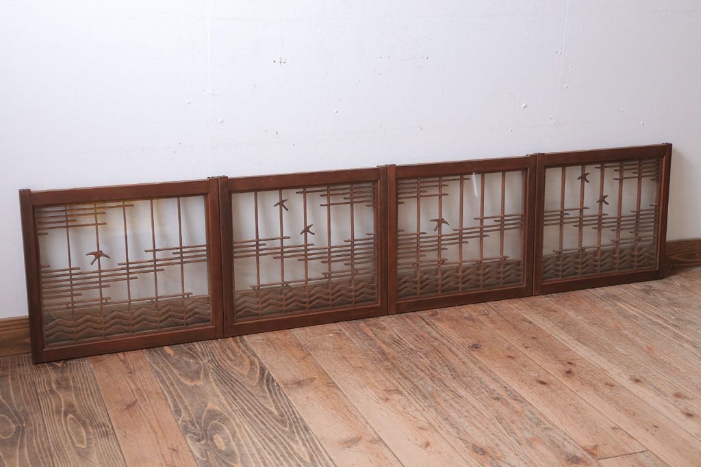 和製アンティーク　古い木の組子ガラス戸4枚セット(窓・明り取り)